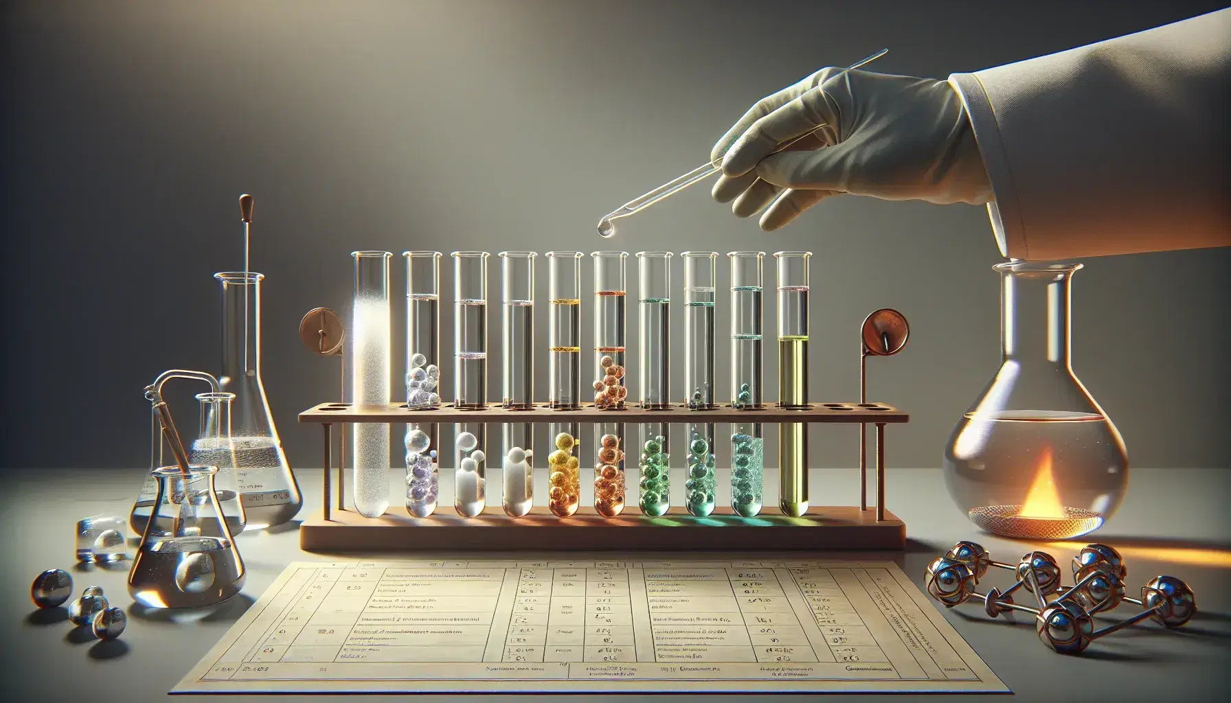 Laboratory with test tubes containing white to light green colored precipitates, gloved hands with droppers, heated crucible on mat.