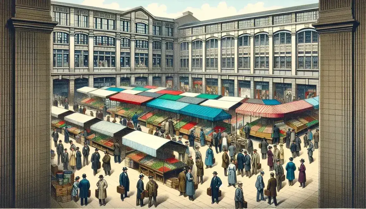 Mercado al aire libre con puestos de colores y personas comprando, bajo un cielo azul despejado.