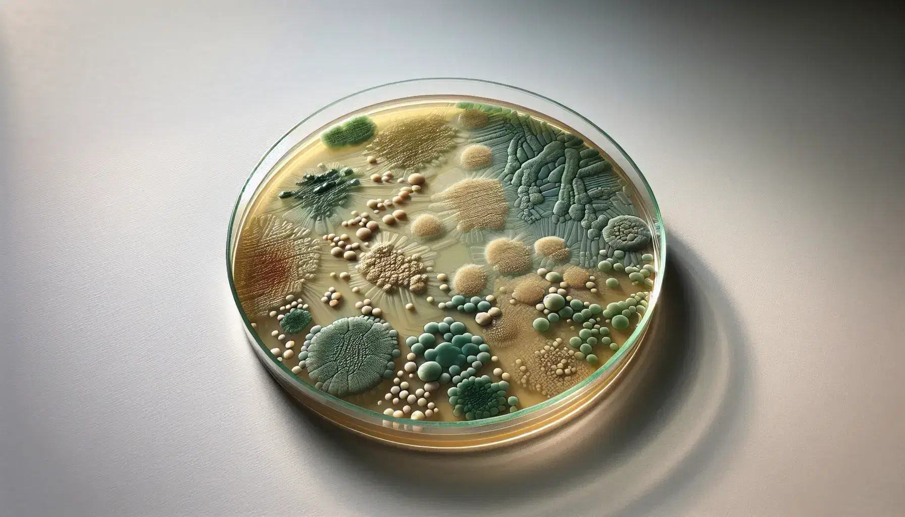 Colonia de bacterias procariontes en placa de Petri con medio de cultivo beige y manchas irregulares verdes, rojas y amarillas.