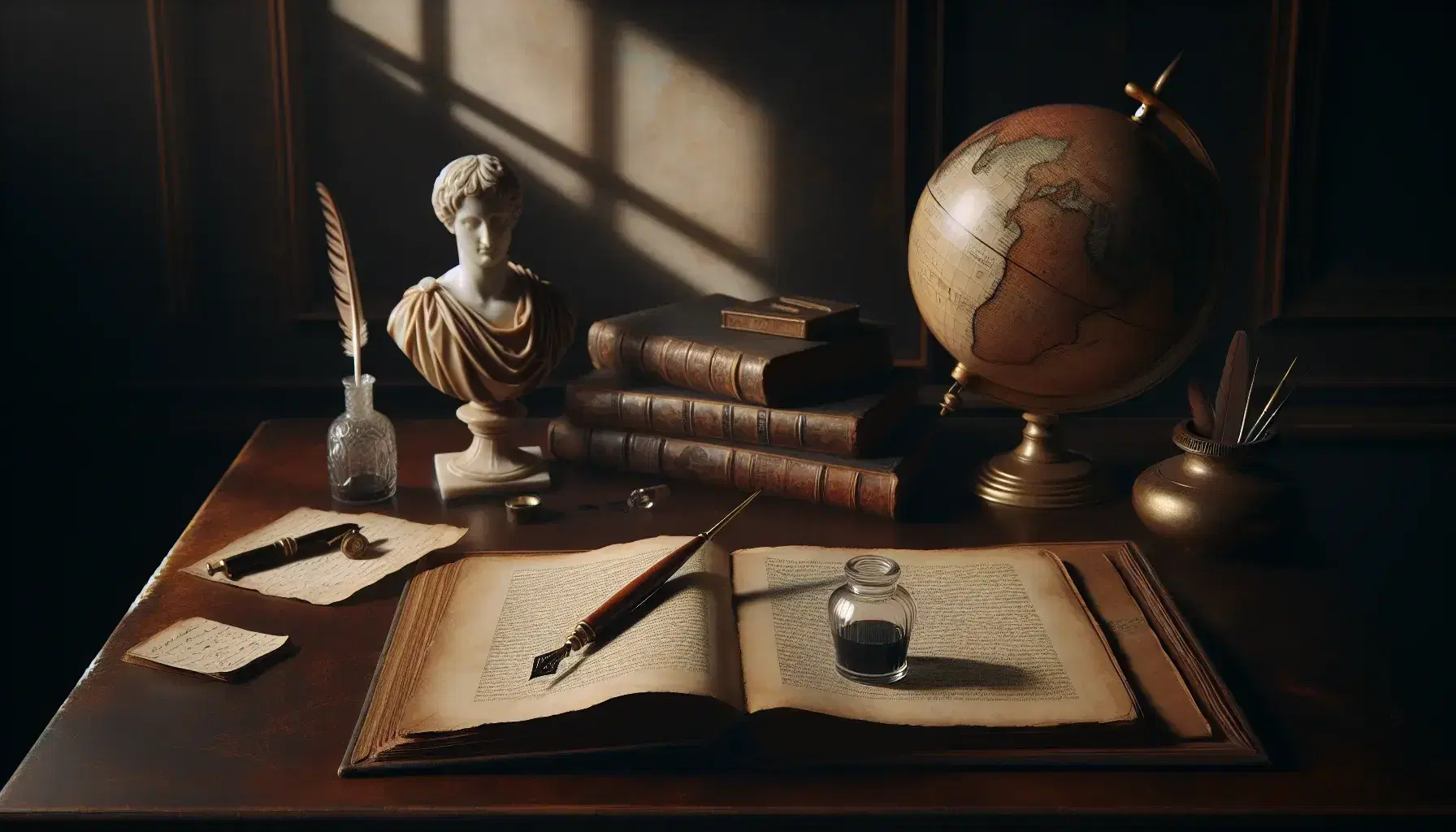 Scrivania in legno scuro con libro aperto, calamaio con penna d'oca, statuetta marmorea di filosofo e globo antico.