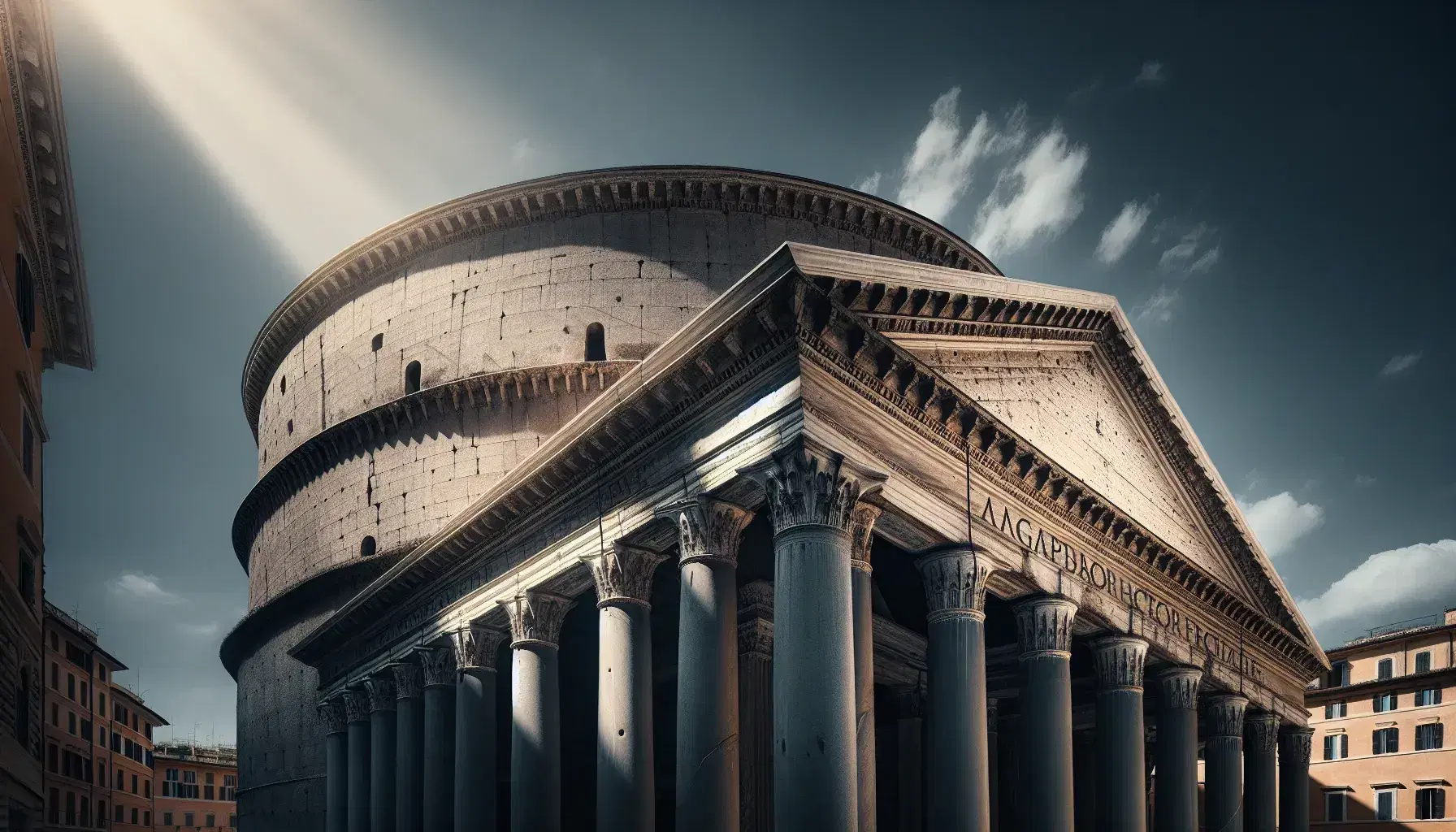 Facciata e cupola del Pantheon di Roma con colonne corinzie e oculo centrale, sotto un cielo azzurro con nuvole sparse.