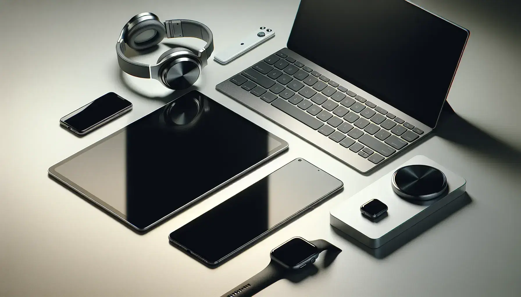 Dispositivos electrónicos modernos sobre superficie clara incluyendo tablet apagada, smartphone, auriculares inalámbricos, laptop y reloj inteligente.