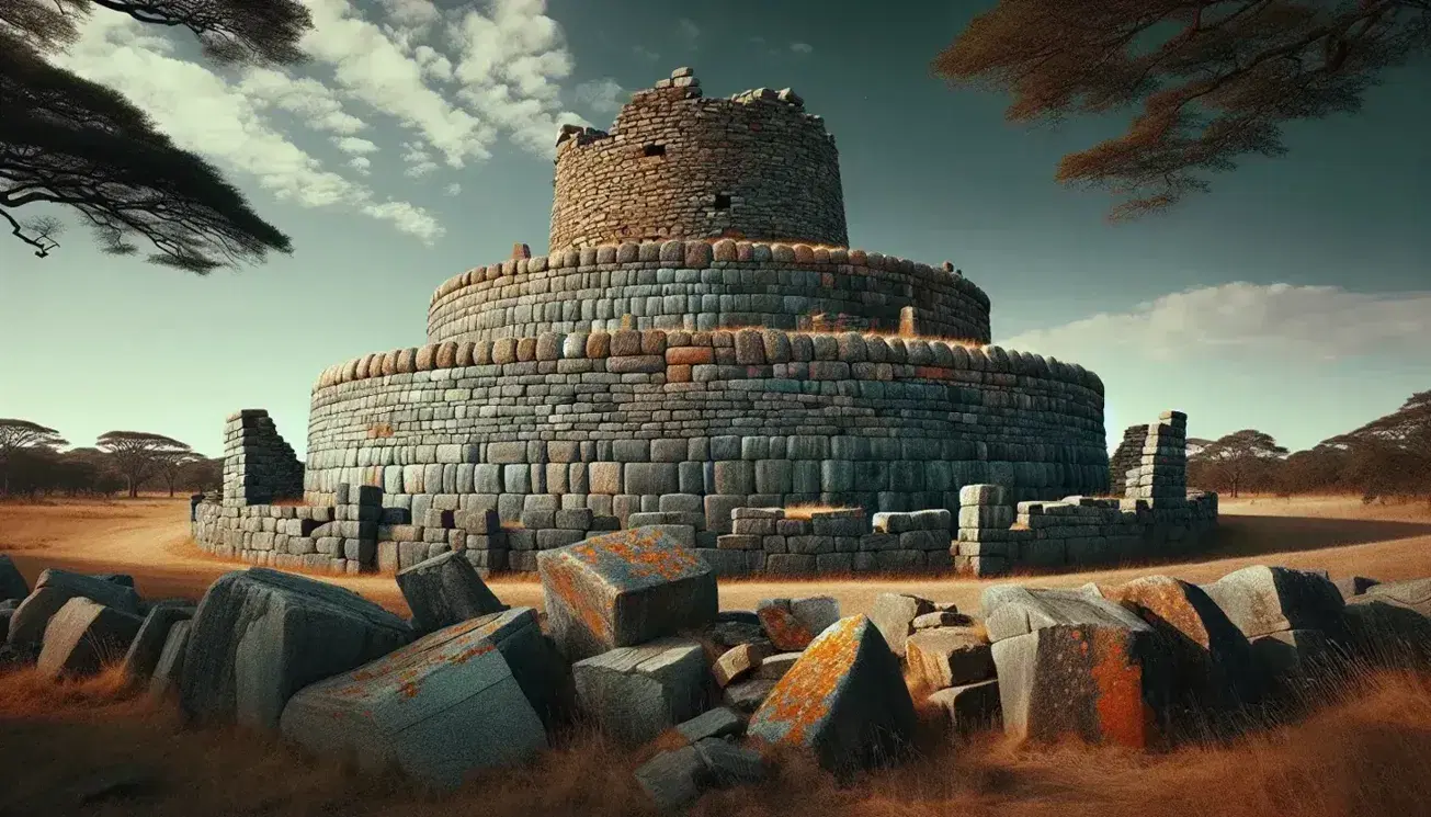 Ancient Great Zimbabwe ruins with a towering conical structure within a large circular granite wall, set against a clear blue sky and acacia-dotted plains.