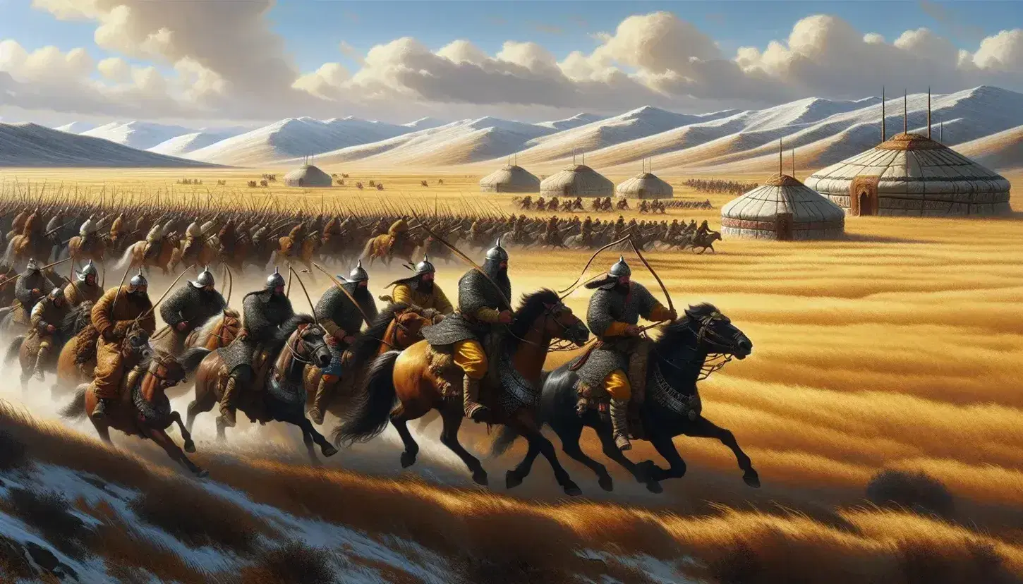 Mongol horsemen in traditional armor gallop across a golden steppe, with yurts in the background under a clear blue sky.