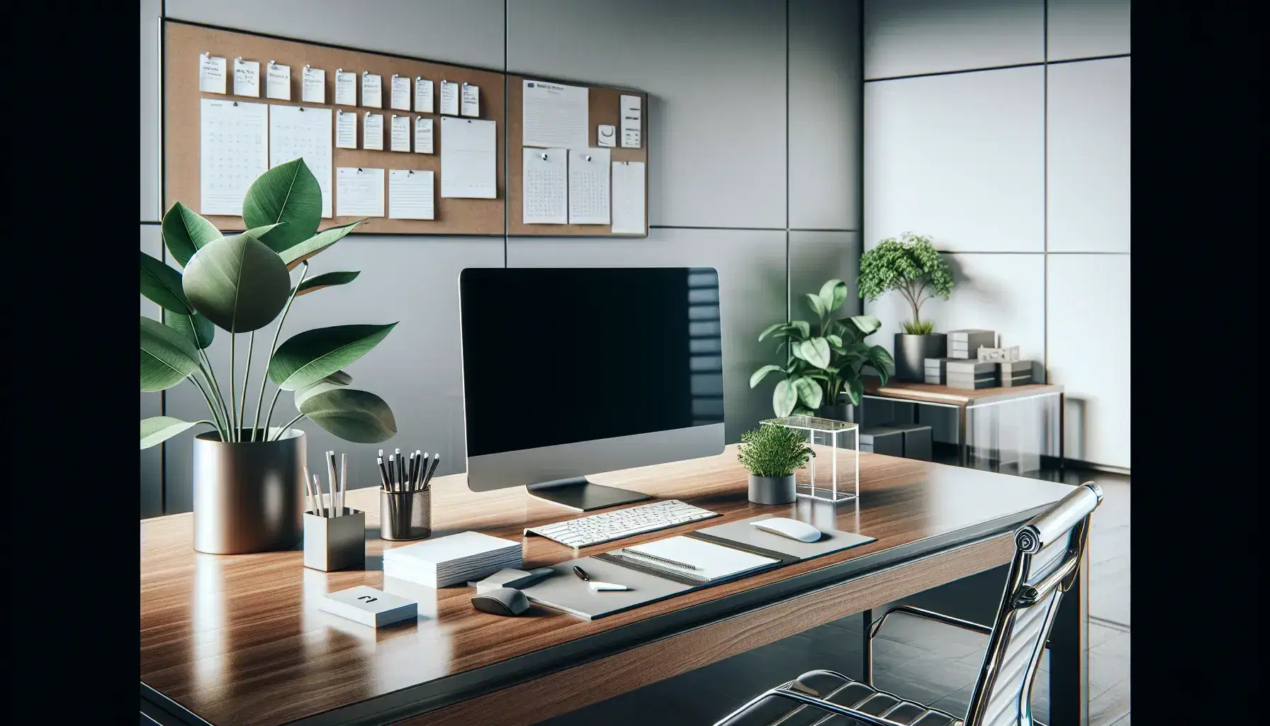Tidy office with wooden desk, turned off monitor, black keyboard and mouse, acrylic chair, clean white board and bookshelf with blue books.