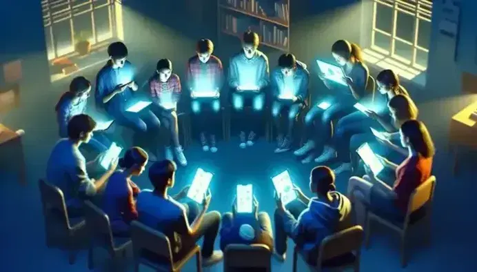 Gruppo di adolescenti seduti in cerchio con dispositivi elettronici in una stanza che sembra una biblioteca, interagendo tra loro.