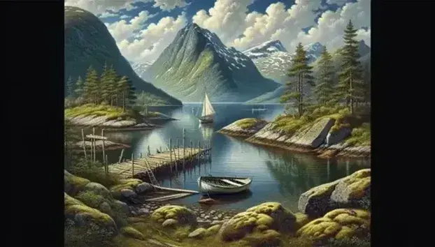 Paesaggio nordico estivo con fiordo calmo, montagne innevate, vegetazione rigogliosa, barca a vela e pontile in legno, cielo azzurro con nuvole.