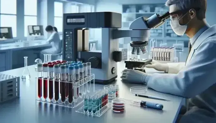 Microscopio elettronico in laboratorio biomedico con provette contenenti campioni di sangue e ricercatore che analizza altri campioni.