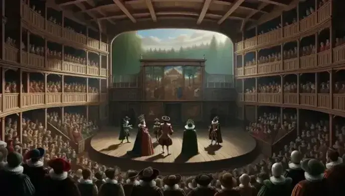 Scena teatrale elisabettiana con attori in costume d'epoca su palcoscenico semicircolare in legno, pubblico in balconate e pit, sotto luce naturale.