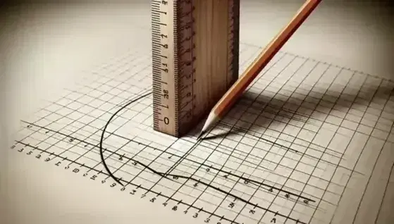 Close-up of a wooden ruler and pencil on graph paper, with two diagonal lines interrupted by the ruler, creating a gap on a white background.