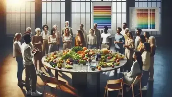 Grupo diverso conversando alrededor de una mesa con frutas, verduras y agua, en un ambiente iluminado naturalmente, con un póster de gráficos en el fondo.