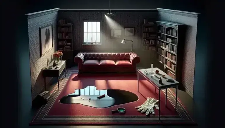 Scena del crimine stilizzata con tappeto scuro e macchia, divano rosso con cuscino spostato, tavolino con vaso rovesciato, libreria con libro sporgente, guanti e lente d'ingrandimento su tavolo metallico.