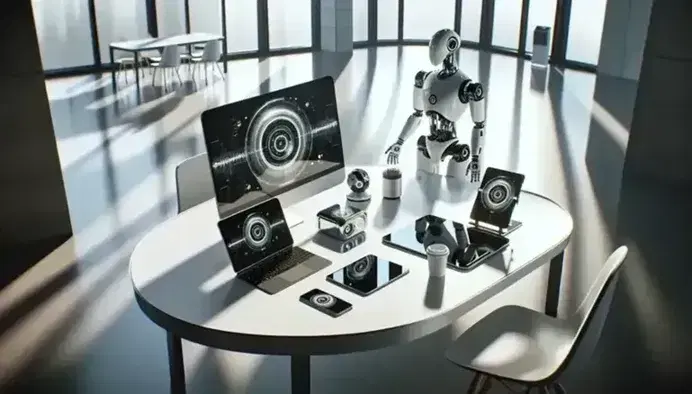 Ufficio moderno con tavolo ovale, laptop, tablet, smartphone e robot umanoide, illuminato da luce naturale senza persone visibili.