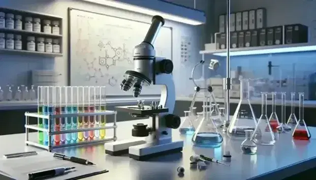 Laboratorio científico con mesa blanca, microscopio plateado, tubos de ensayo con líquidos de colores y pizarra al fondo.