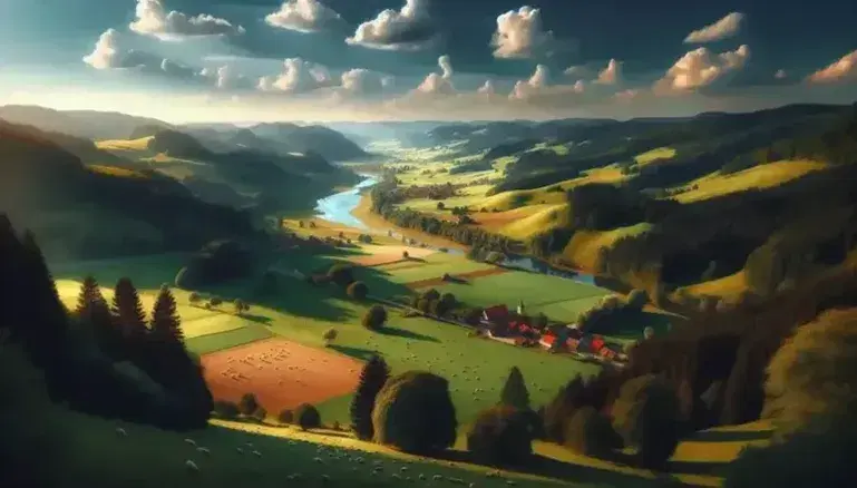 Panorama di una valle europea con prati verdi, fiume sinuoso, colline boscose e cielo azzurro con nuvole bianche.