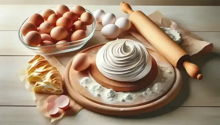 Meringa bianca lucida su tavolo di legno con uova marroni, sfoglia dorata, mattarello e utensili da pasticceria sfocati sullo sfondo.