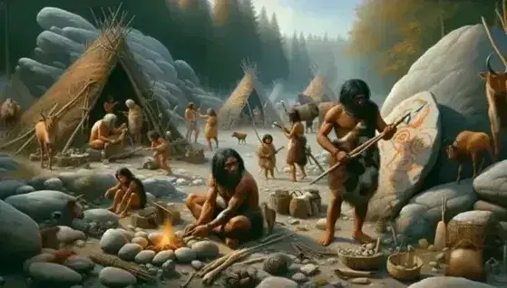 Gruppo di Homo sapiens in ambiente preistorico europeo, con attività quotidiane, abitazioni, strumenti di caccia e fauna selvatica.