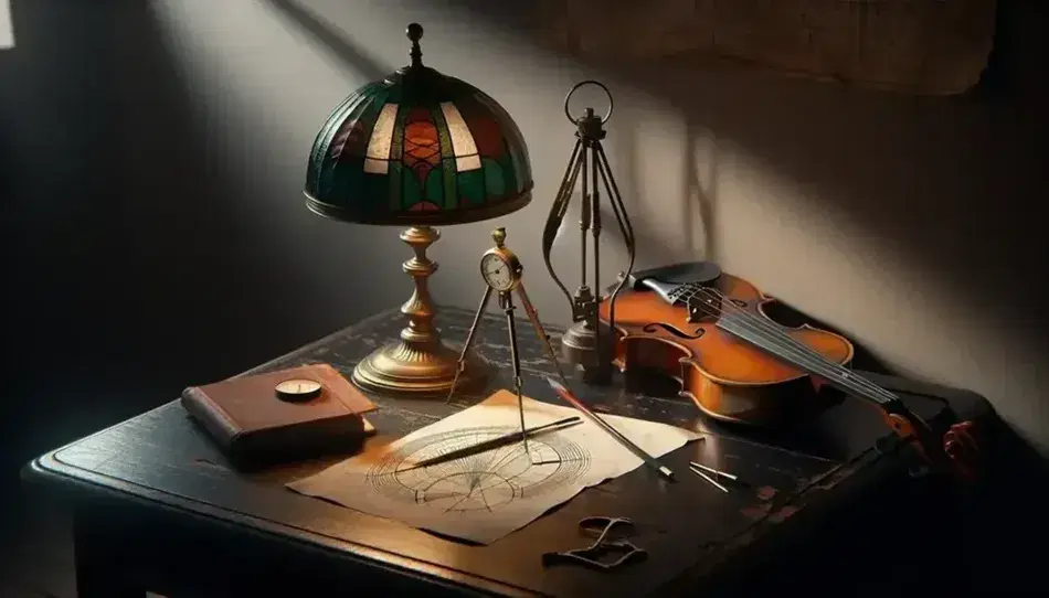Tavolo antico in legno scuro con lampada vintage, bussola metallica, orologio tascabile argento, violino su supporto e libro antico aperto.