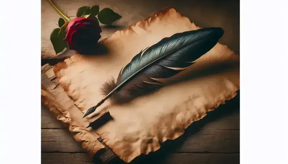 Quill pen on aged parchment with curled edges on a rustic table beside a vibrant red rose, evoking a vintage writing scene.
