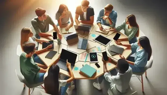 Estudiantes diversos interactuando alrededor de una mesa hexagonal con dispositivos electrónicos como tablet, laptop y smartphone en un aula iluminada.