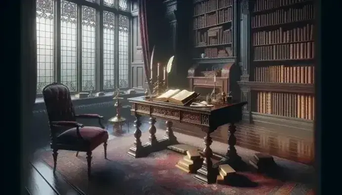 Victorian study room with a carved wooden desk, open book, quill pen, and candlestick, high-backed armchair, and book-lined walls near a bay window.