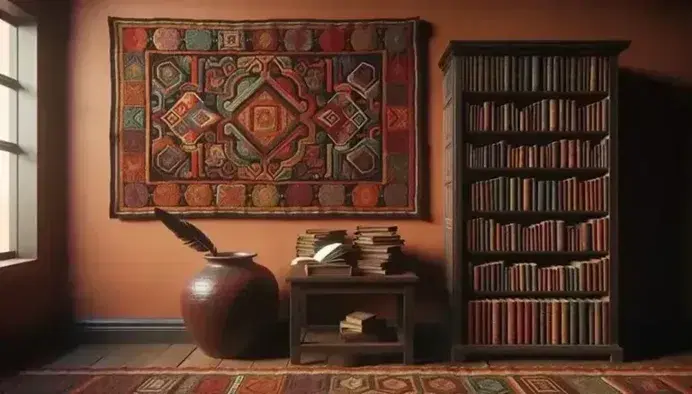 Richly woven tapestry with indigenous and colonial patterns on terracotta wall, beside a dark wooden bookshelf filled with hardcovers, clay pot, inkwell, and quill atop, and a wooden chair in the foreground.