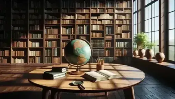 Biblioteca iluminada con estanterías de madera oscura llenas de libros, mesa con globo terráqueo y lupa sobre libro abierto, luz natural y planta interior.