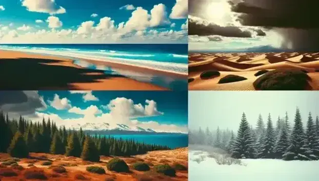 Collage di quattro paesaggi naturali: spiaggia atlantica, colline mediterranee aride, foresta subartica innevata e pianura continentale.