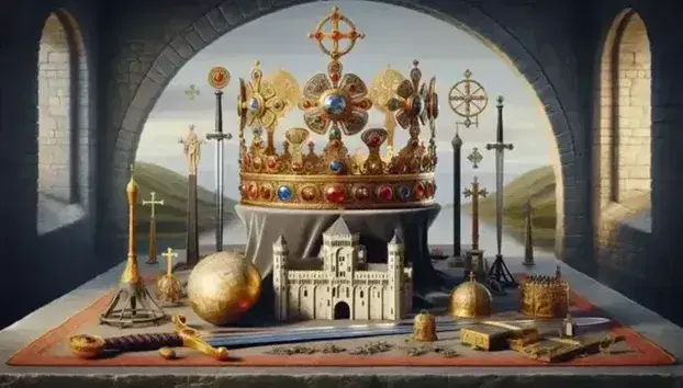 Corona imperiale dorata con gemme incastonate e oggetti medievali simbolo di potere, su sfondo di mura castellane e paesaggio collinare.