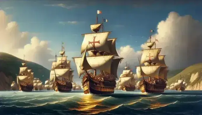 Flotta di antiche navi a vela con scafi marroni e vele bianche, alcune con croci colorate, naviga su mare calmo vicino a costa verde.