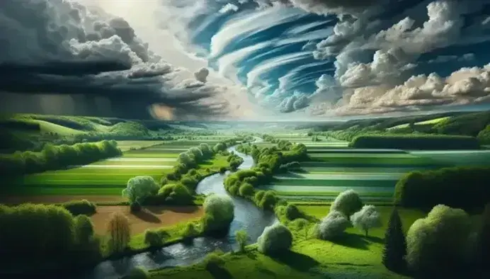 Paesaggio europeo con campi verdi, fiume serpeggiante, alberi sparsi, colline sullo sfondo e cielo variabile tra nuvole grigie e azzurro sereno.