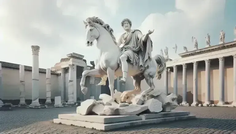 Statua in marmo bianco di figura storica a cavallo in piazza antica con cielo azzurro e nuvole sparse, circondata da colonne corinzie.