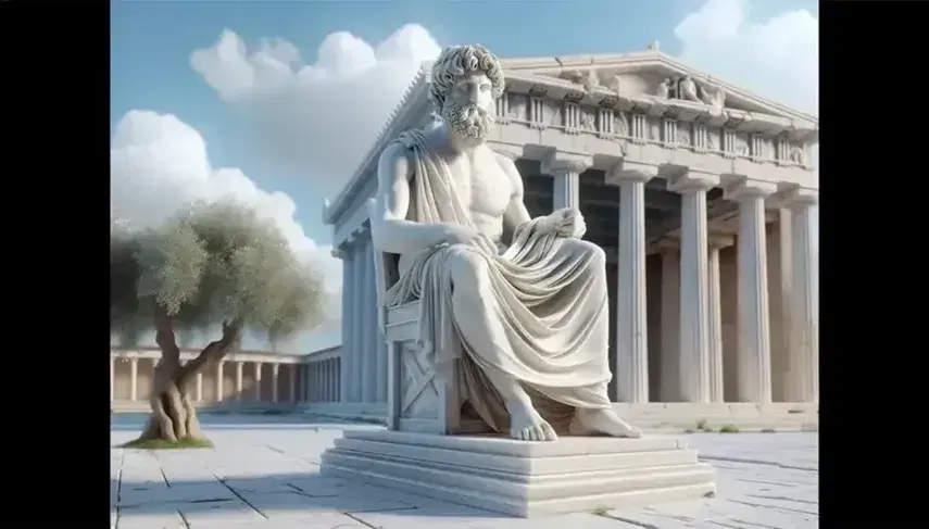 Estatua de mármol de filósofo griego con túnica y barba rizada frente a una ágora con columnas dóricas bajo un cielo azul con nubes.