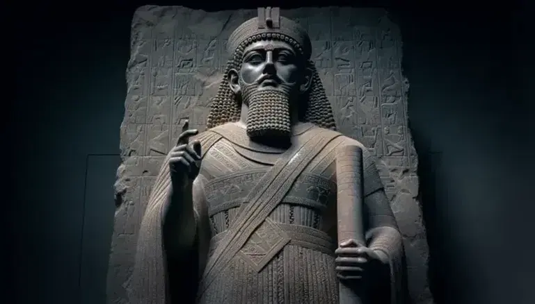 Statua in pietra di re assiro in piedi con tiara, barba intrecciata e abito decorato, mano alzata in gesto di autorità e oggetto cilindrico nell'altra.