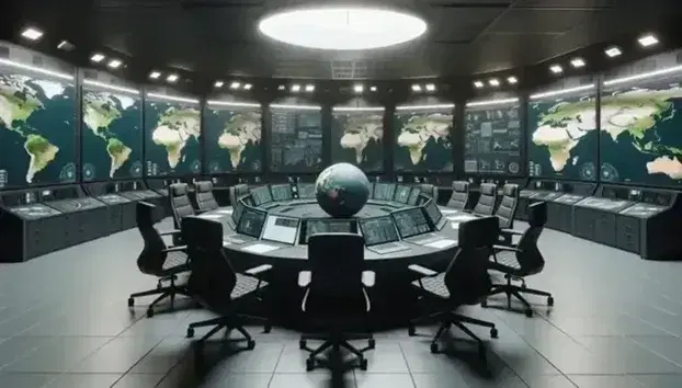 Sala di controllo militare moderna con tavolo rotondo, sedie ergonomiche, laptop, carte e schermi con mappe topografiche.