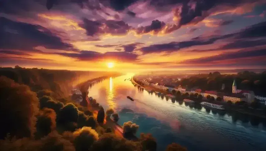 Tramonto sul fiume europeo con cielo colorato, riflessi scintillanti sull'acqua, paesino in lontananza e silhouette di persone e barca.
