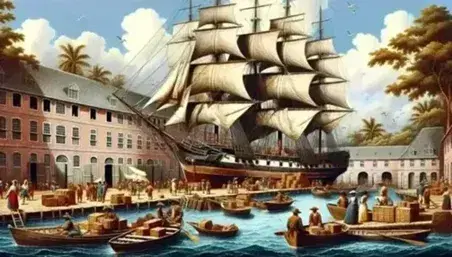 Porto coloniale con veliero a tre alberi, persone in costume d'epoca che movimentano merci sul molo, edifici in stile europeo sullo sfondo.
