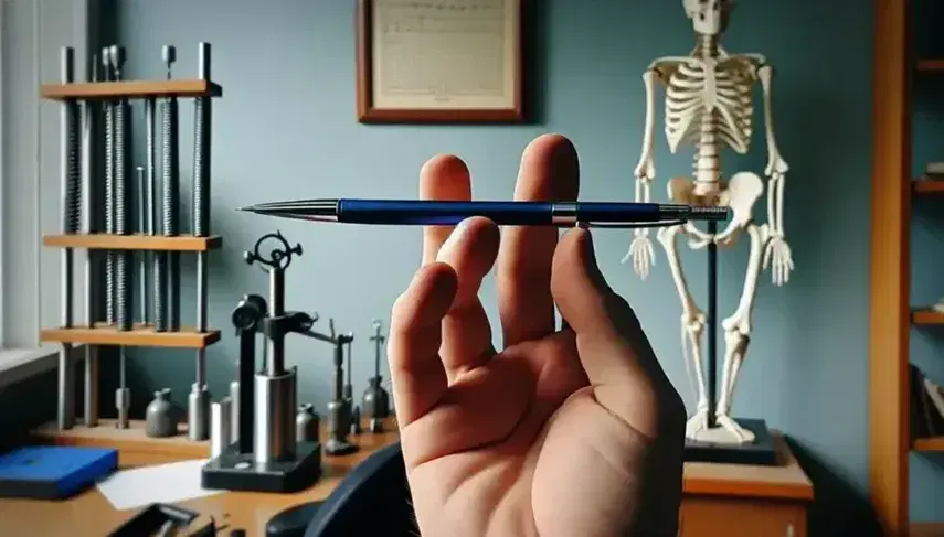 Mano umana bilancia una penna blu sul dito indice in un laboratorio di fisica con dinamometro a molla, scheletro e pesi calibrati sfocati sullo sfondo.
