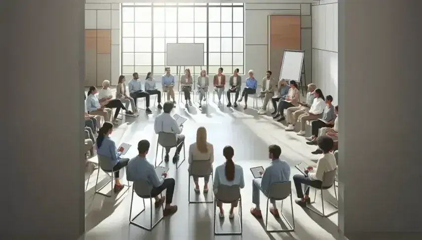 Grupo diverso de profesionales atentos a un facilitador en una sesión de formación en una sala iluminada naturalmente.