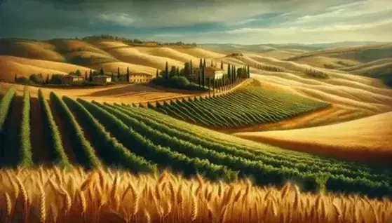Paesaggio toscano con campo di grano dorato in primo piano, filari di viti su collina e case rurali con tetti in terracotta sotto cielo azzurro.