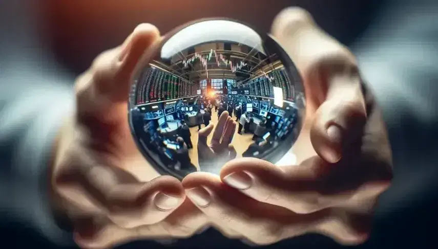 Hands holding a crystal ball reflecting an inverted stock market floor with traders and glowing monitors, highlighting the unpredictability of markets.