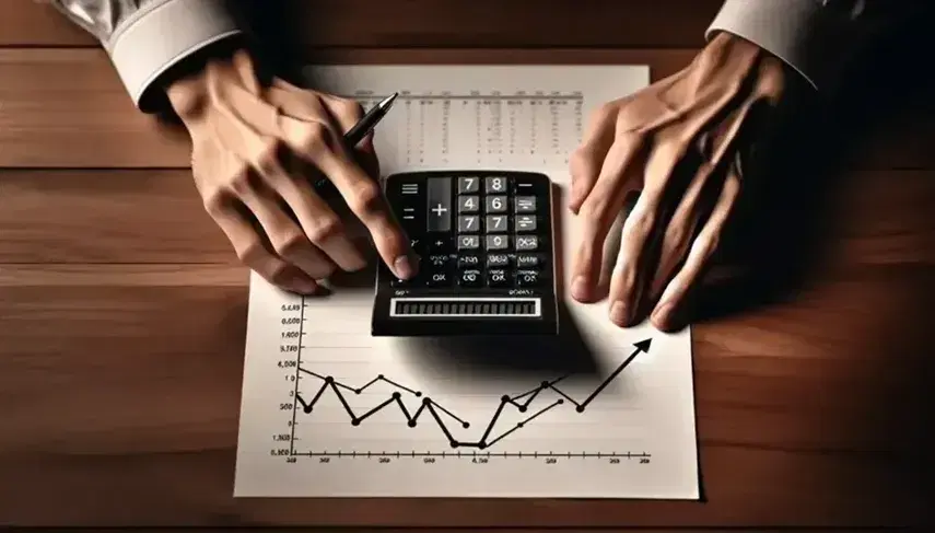 Hands using a calculator with a stylus over a wooden desk, with a line graph indicating trends, reflecting careful financial analysis.