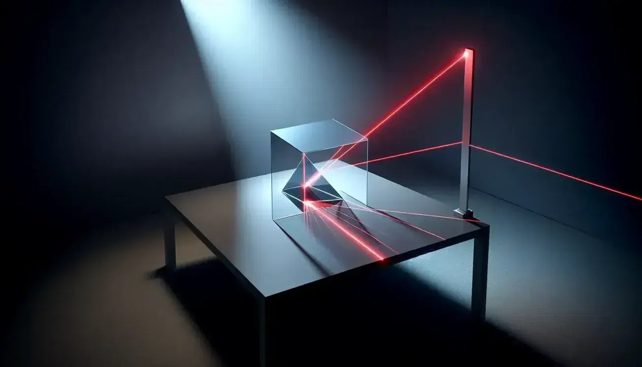 Esperimento ottico con raggio laser rosso che attraversa un prisma di vetro mostrando la rifrazione della luce su uno schermo bianco.
