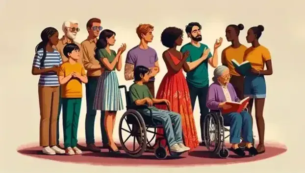 Diverse group in semi-circle with woman in red dress, man in blue shirt, person in wheelchair, South Asian signing, elderly Hispanic woman, and child reading.