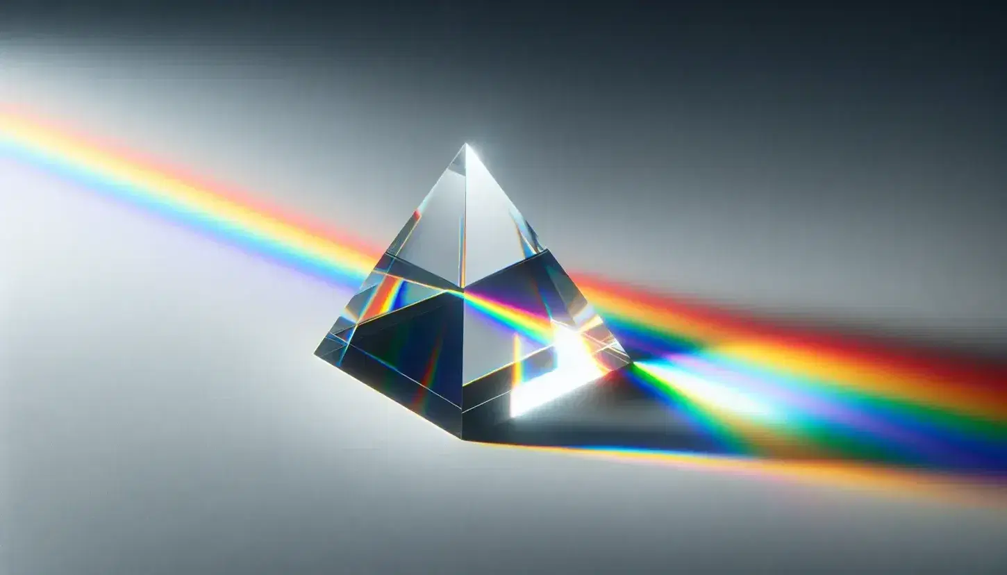 Clear glass prism on white surface refracting white light into a vibrant color spectrum against a neutral gray background.