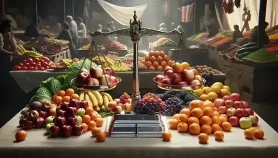 Báscula de dos platos con manzanas rojas y naranjas en un mercado, rodeada de uvas, bananas, tomates y vegetales verdes sobre mantel claro.