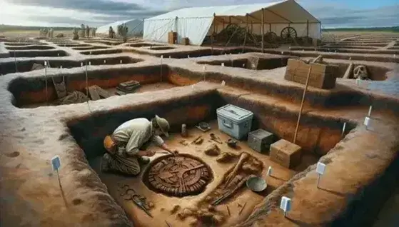 Arqueólogo excavando cuidadosamente un objeto antiguo en un sitio con estratos de tierra y marcadores, bajo un cielo azul claro.