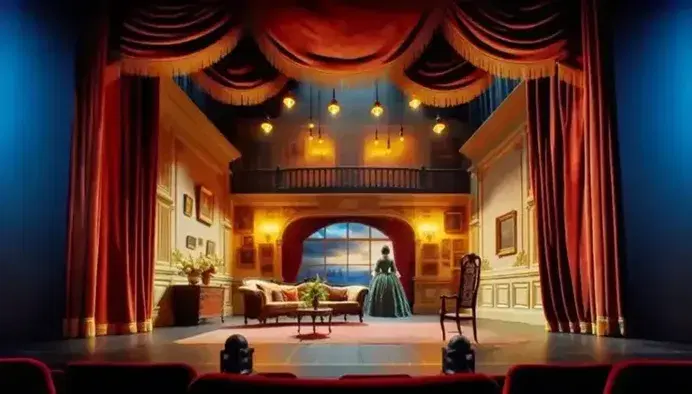 Escenario teatral con cortina de terciopelo rojo, iluminación cálida, decorado de sala de época, actriz y actor en vestuario de época posando.