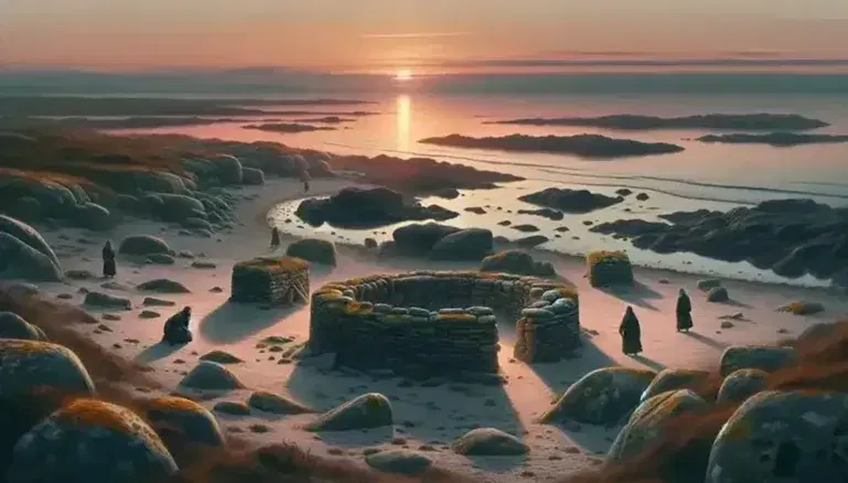 Tramonto su paesaggio costiero con rovine celtiche e figure in esplorazione, riflessi del cielo arancione sul mare calmo.