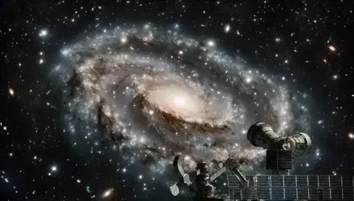 Cielo notturno stellato con galassia a spirale centrale, bracci spiraleggiati con ammassi stellari, telescopio spaziale in silhouette.